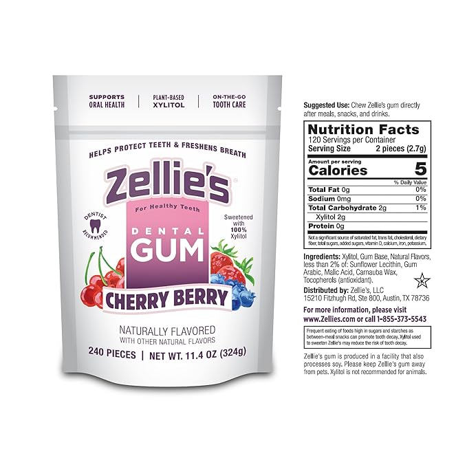 Zellie's | 100% Xylitol Cherry Berry Chewing Gum | No Aspartame, Gluten Free, Vegan & Kosher (240 Count - Pack of 1)