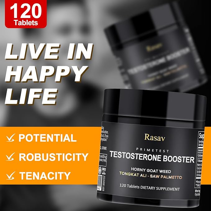 Rasav Horny Goat Weed and Tongkat Ali Supplement for Men, Testosterone Booster Supplement for Men, Male Enhancing Supplements, Supports Muscle Growth, Strength, Energy and Stamina, 120 Tablets
