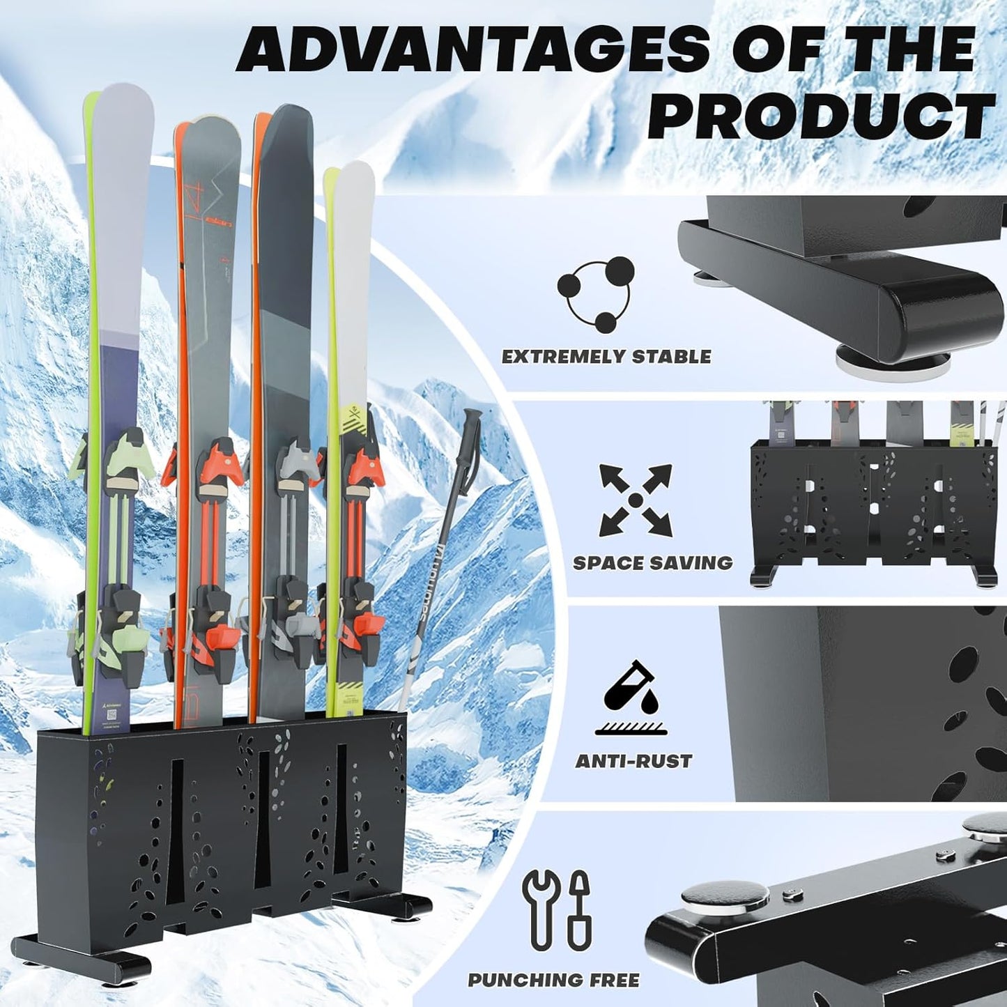 Ski Storage Rack for Garage, 4 Pair Heavy Duty Steel Freestanding Ski Storage Organizer, Indoor Ski Holder Racks for Home and Garage Storage