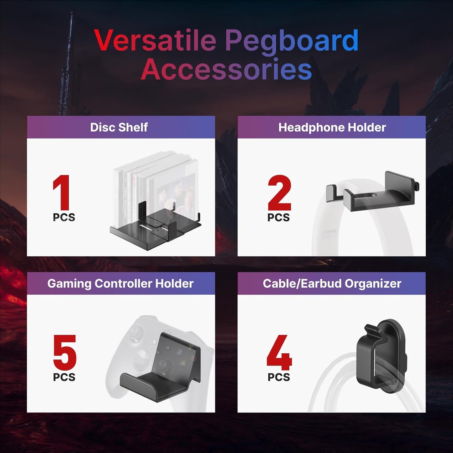 PEGZONE Controller and Headphone Holder Wall Mount, Modular Gaming Pegboard with Accessories, Controller Stand for Xbox PS5 PS4 Switch, Video Game Storage, Disc Shelf, 7pcs Pegboard, Black & Red