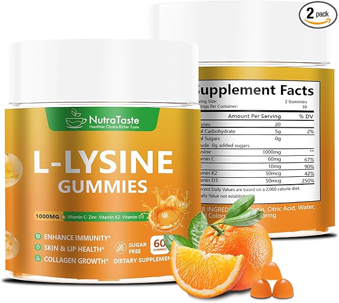 L-lysine Gummies 1000mg, Chewable Lysine Supplement with Vitamin C, D3, K2 & Zinc, Enhance Immunity, Lips & Skin Health, Collagen Growth, Sugar-Free, Gluten-Free, 60 Count (Pack of 2)