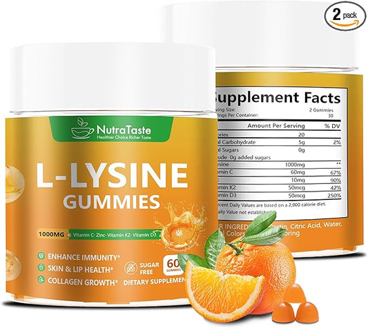 L-lysine Gummies 1000mg, Chewable Lysine Supplement with Vitamin C, D3, K2 & Zinc, Enhance Immunity, Lips & Skin Health, Collagen Growth, Sugar-Free, Gluten-Free, 60 Count (Pack of 2)