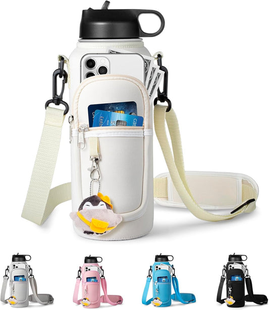 Water Bottle Holder with Strap for Hydroflask 32oz 40oz, Carrier Sling Bag with Phone Pocket Water Bottle Sleeve for Men Women Hiking Camping Travelling