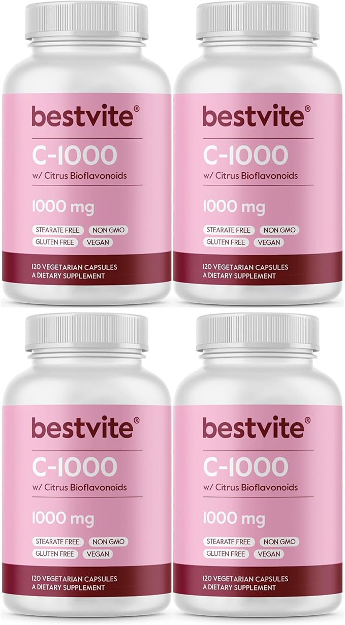 BESTVITE Vitamin C 1000mg (480 Vegetarian Capsules) (120 x 4) with Citrus Bioflavinoids - No Stearates - Vegan - Non GMO - Gluten Free