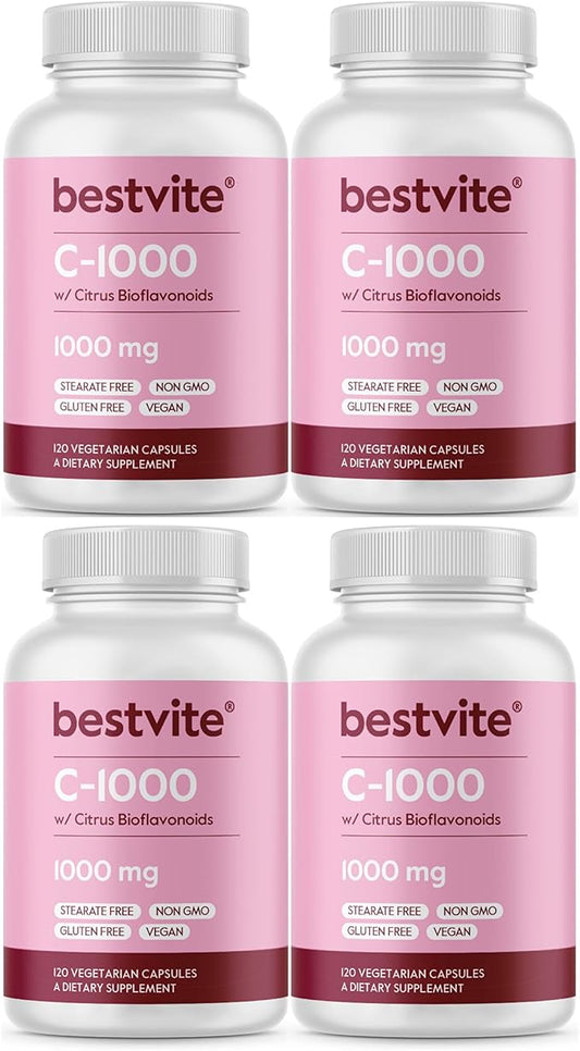 BESTVITE Vitamin C 1000mg (480 Vegetarian Capsules) (120 x 4) with Citrus Bioflavinoids - No Stearates - Vegan - Non GMO - Gluten Free