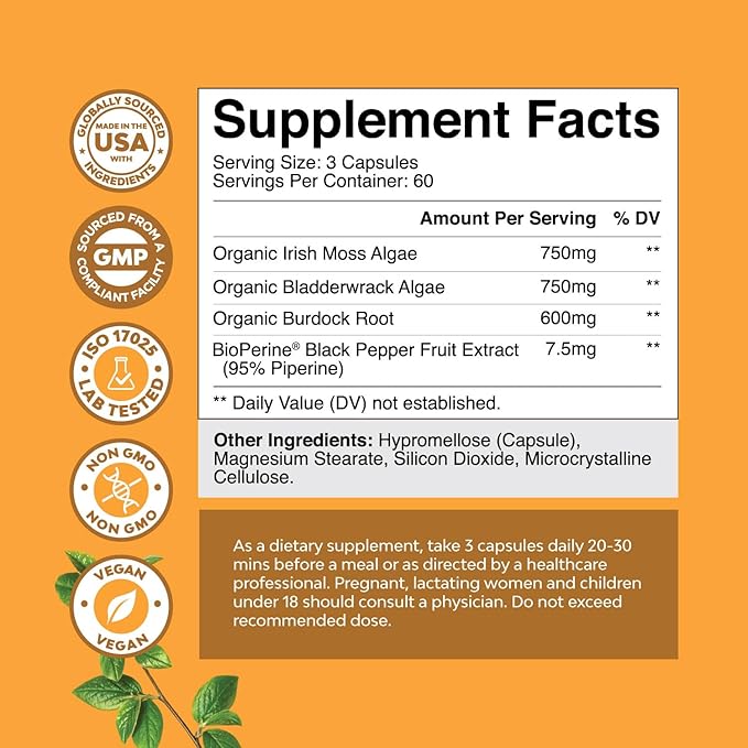 Organic Irish Sea Moss Capsules - Organic Sea Moss Pills with 2100mg Serving Superfood Complex with Bladderwrack Burdock Root and BioPerine for Immune Skin & Thyroid Support - Vegan Non-GMO (2 Month)