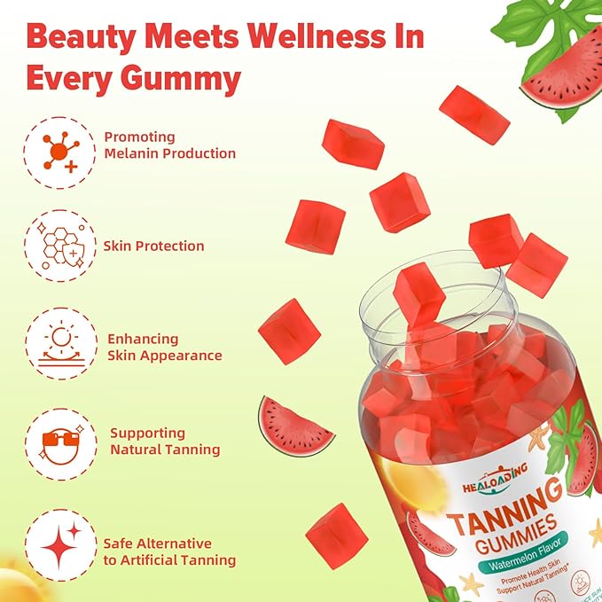 Tanning Gummies - Tan Bronzing Supplement with Astaxanthin Lycopene Beta Carotene Vitamins Supports Sun-Kissed Glow Non-GMO, Vegan Friendly (30-Day Supply)