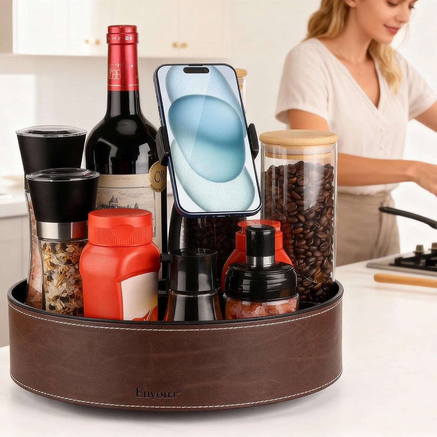 11.4 Inch Lazy Susan Turntable Organizer - 6 Removable Compartments with Phone Holder, 360° Rotating for Cabinet/Counter/Table. Spacious Storage for Food, Spices, Cosmetics & More.(Brown)
