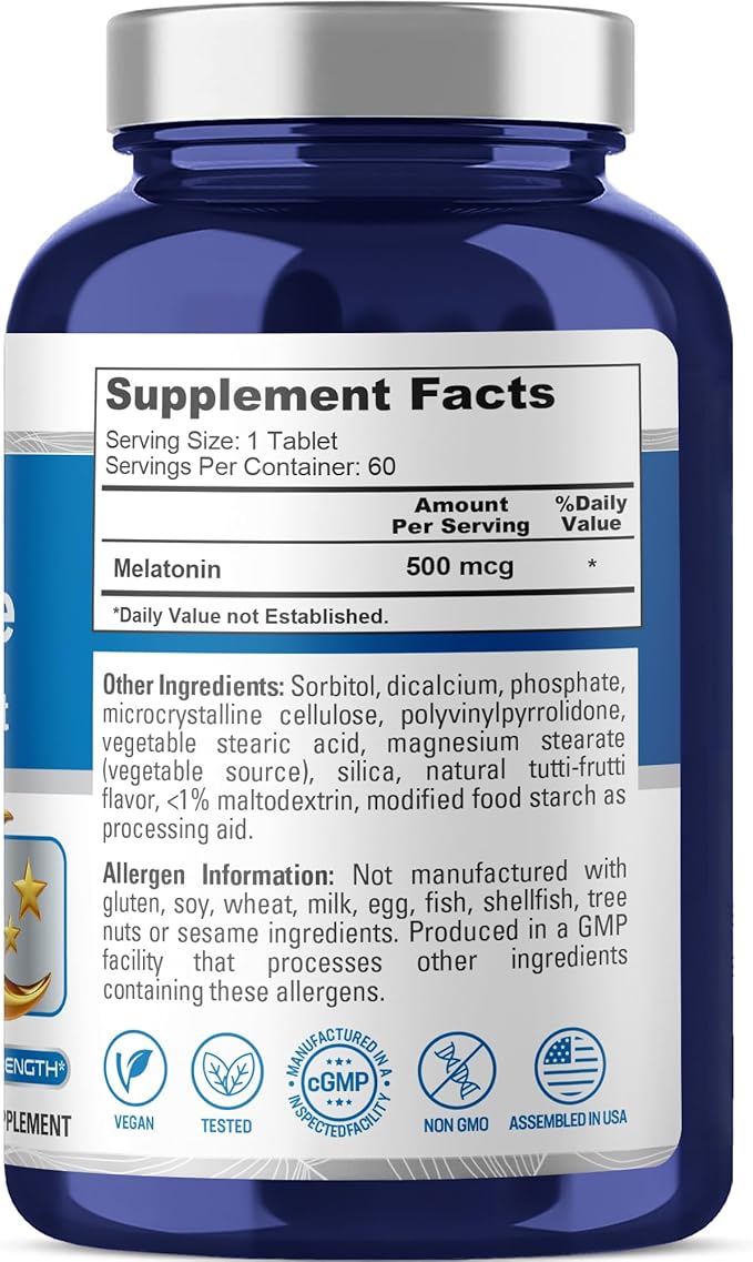 NusaPure Melatonin Quick Dissolve 500 mcg Per 60 Tablets Dietary Supplement Vegan, Non-GMO