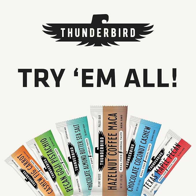 Thunderbird Bars Energy Snack, Gluten-Free with Protein, Healthy Real Food, Vegan Paleo Non-GMO, No Added Sugar, Chocolate Almond Butter Sea Salt Flavor (12 Count, 1.7 oz. Bars)