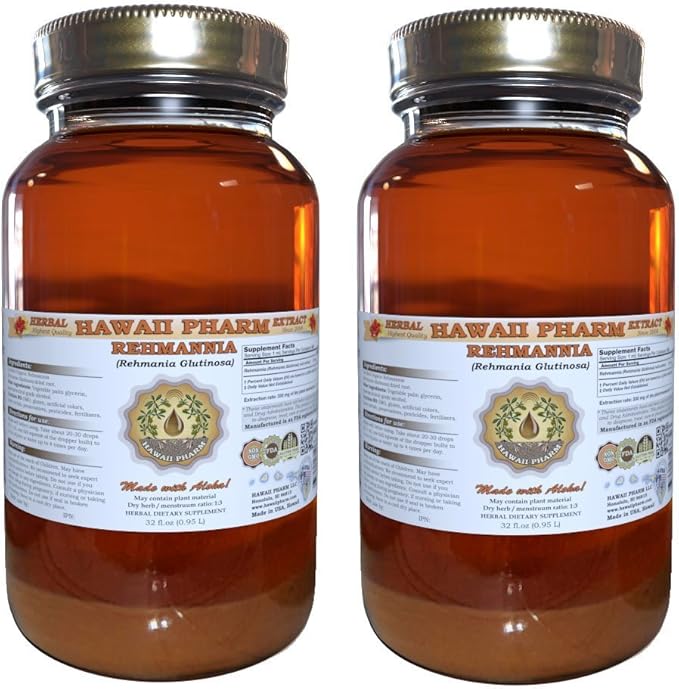 Rehmannia Liquid Extract, Organic Rehmannia (Rehmania Glutinosa) Tincture, Herbal Supplement, Hawaii Pharm, Made in USA, 2x32 fl.oz