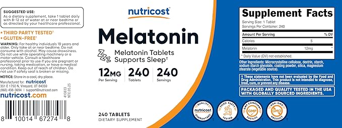 Nutricost Melatonin 12mg, 240 Tablets - 12mg Per Serving, Non-GMO, Gluten Free