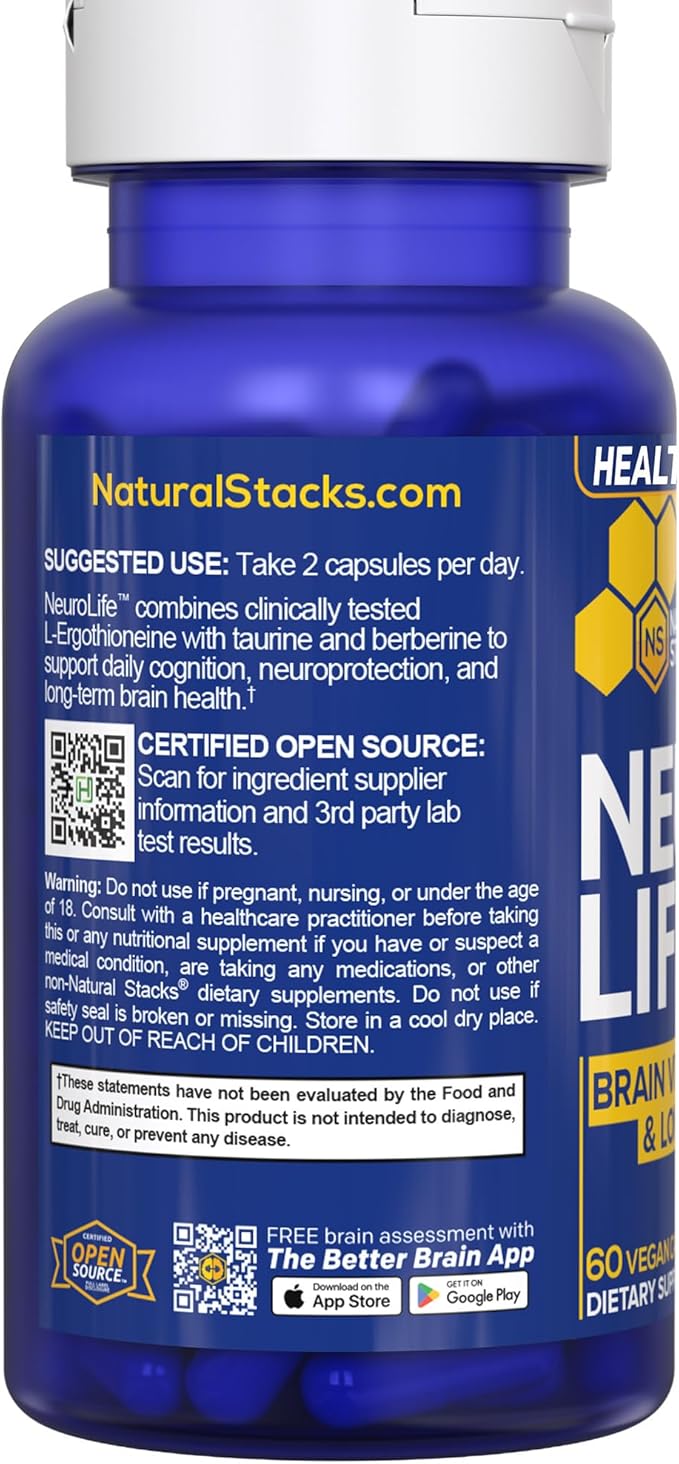 NeuroLife Longevity Supplement - 500mg Taurine & 400mg Berberine Supplement - Clinically Tested MitoPrime L-Ergothioneine - Brain Support for Cognitive Vitality - 60 Berberine Capsules