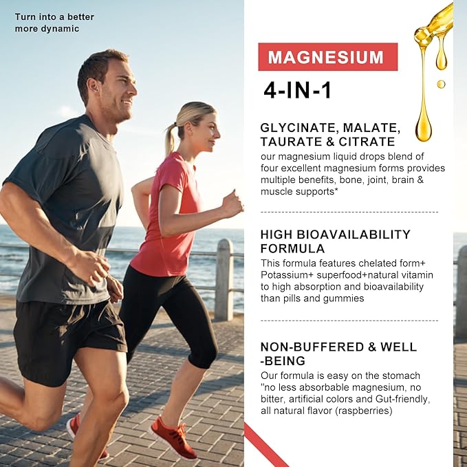 Magnesium Glycinate Liquid Drop - Triple Absorption Supplement to Support Nerves, Sleep, Calm, Heart, Muscles * -Sugar-Free with Potassium, L-Theanine, Sea Moss, Vitamin B,C,D3, K2-1Pack