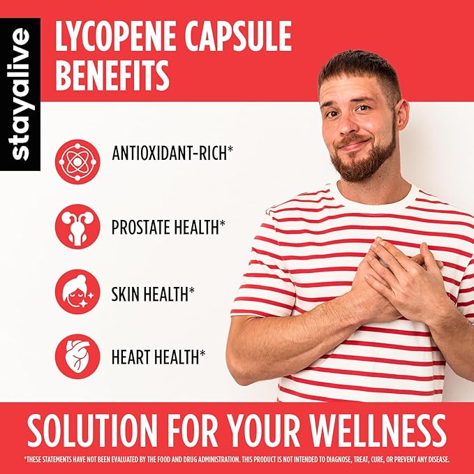 STAY ALIVE Lycopene Supplement for Men 60mg, Natural Tomato Extract Powder, 120 Capsules with 4 Months Supply, 100% Veg Lycopene Complex, Non-GMO and Gluten Free Carotenoid Supplement