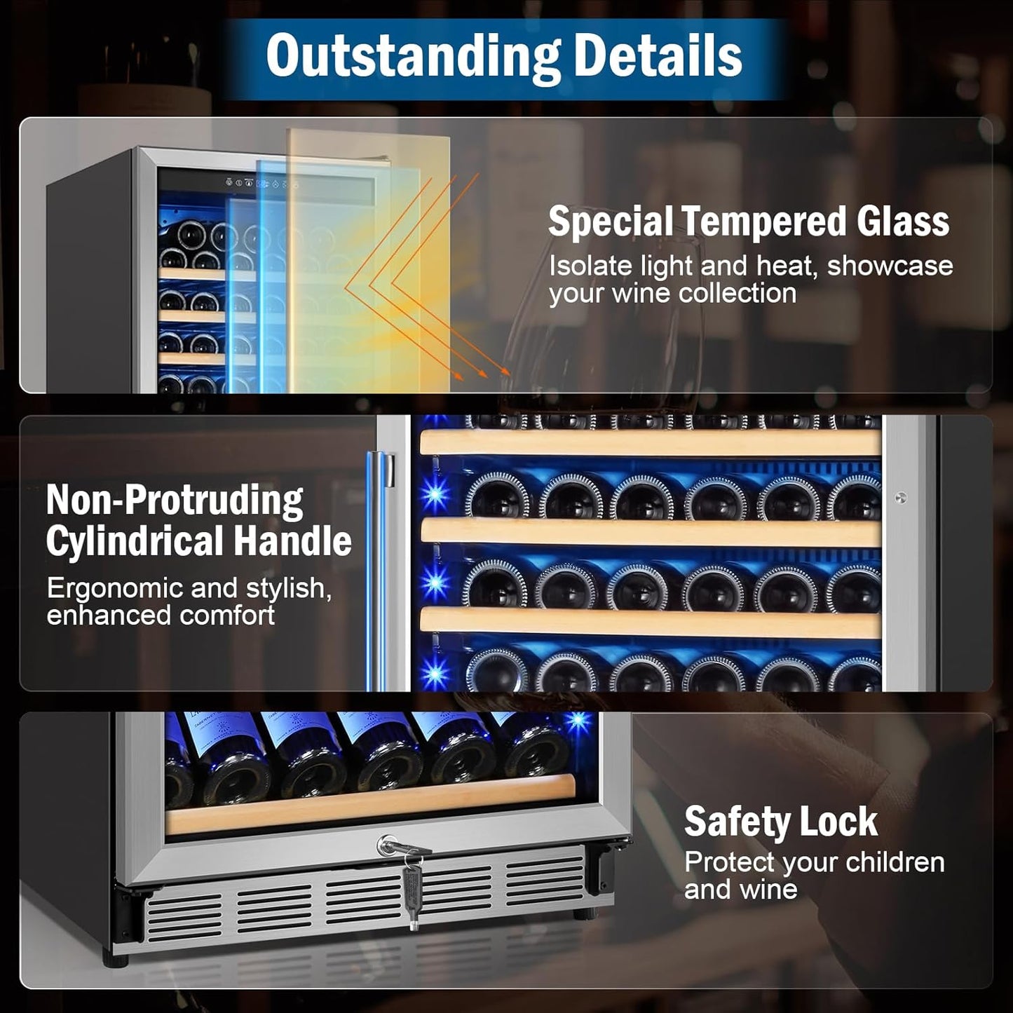 Wine Fridge 24 Inch, 190 Bottles Freestanding or Built-in Wine Cooler Refrigerator with Sliding Rail Shelves, Professional Wine Cellar Low Noise with Upgraded Reversible Door