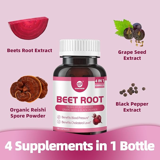 Beet Root Capsules 24000mg with Grape Seed Extract, Beetroot Supplement 4 in 1 with Reishi Mushroom, Black Pepper to Support Circulation, 90 Rapid Release Capsules