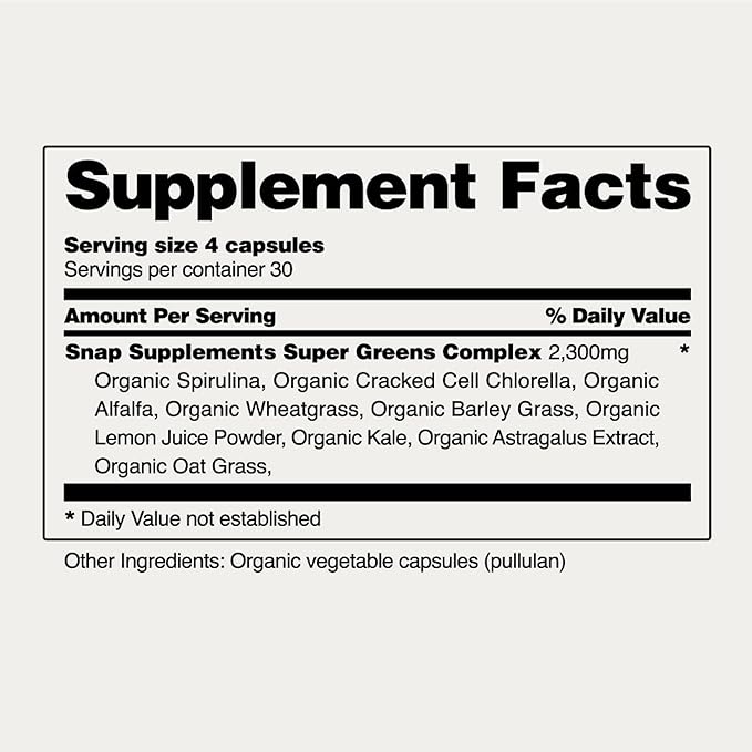 Snap Supplements Organic Spirulina and Chlorella Capsules, Chlorophyll and Protein Rich Blue Green Algae Superfood Supplement for Energy and Immune Support, Vegan, Non GMO, Greens Blend, 120 Capsules