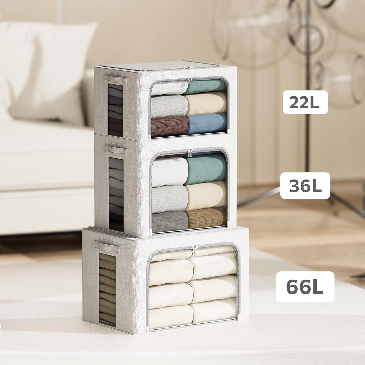 4 Pack Clothes Storage Bins with Metal Frame - 36L Stackable Storage Box with Lid，Foldable Storage Container Organizer for Clothes，Linen Fabric Storage Box with Clear Window＆Zippers＆Handles