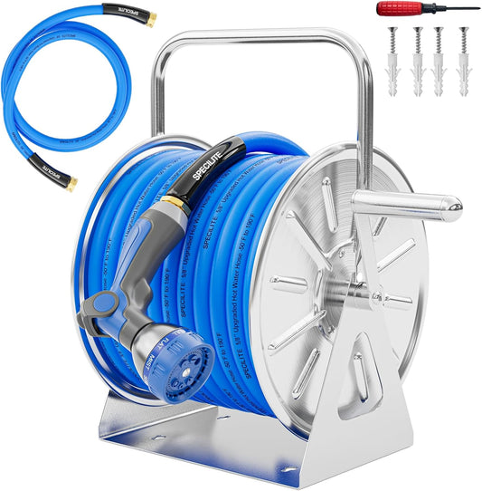 SPECILITE Stainless Steel Garden Hose Reel with 5/8'' x Hot/Cold 75 FT Water Hose and 6FT Leader Pipe, -50℉ -190℉, Wall/Floor Metal Mounted Spool Storage, UV Resistantfor Outside, Yard, Patio