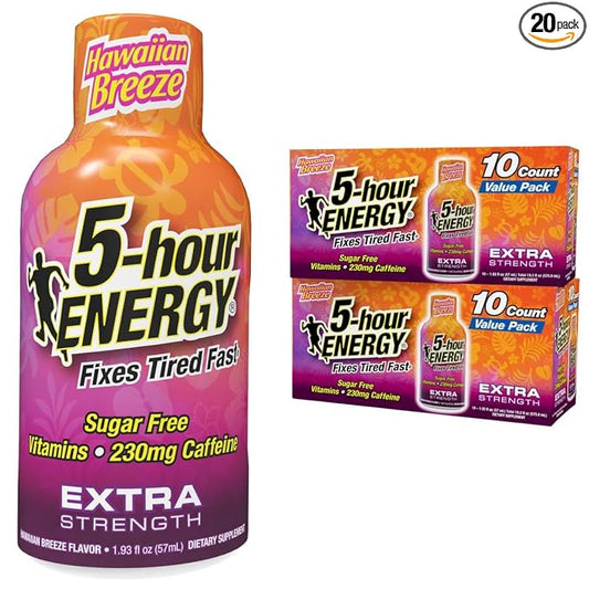 5-hour ENERGY Extra Strength Hawaiian Breeze Energy Shot 1.93oz, 20-Pack – Sugar Free Caffeine Energy Booster with B-Vitamins & Amino Acids – Zero Calorie