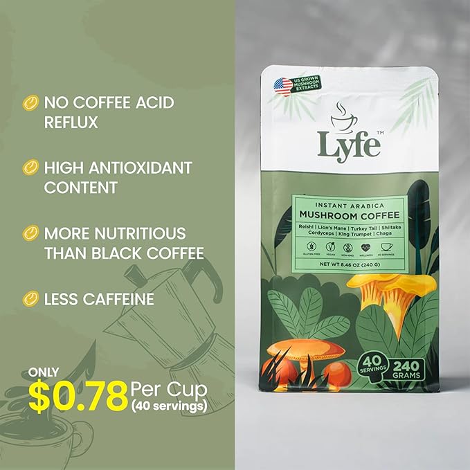 LYFE Organic Instant Mushroom Coffee – Lion’s Mane, Chaga, Cordyceps, Turkey Tail | USA Grown Adaptogenic Mushrooms for Better Energy, Focus, Gut Health, Immunity – 40 Servings