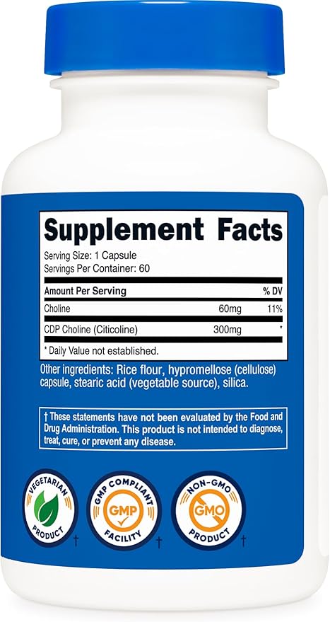 Nutricost CDP Choline (Citicoline) 300mg, 60 Vegetarian Capsules - Non-GMO, Vegetarian Friendly, Gluten Free …