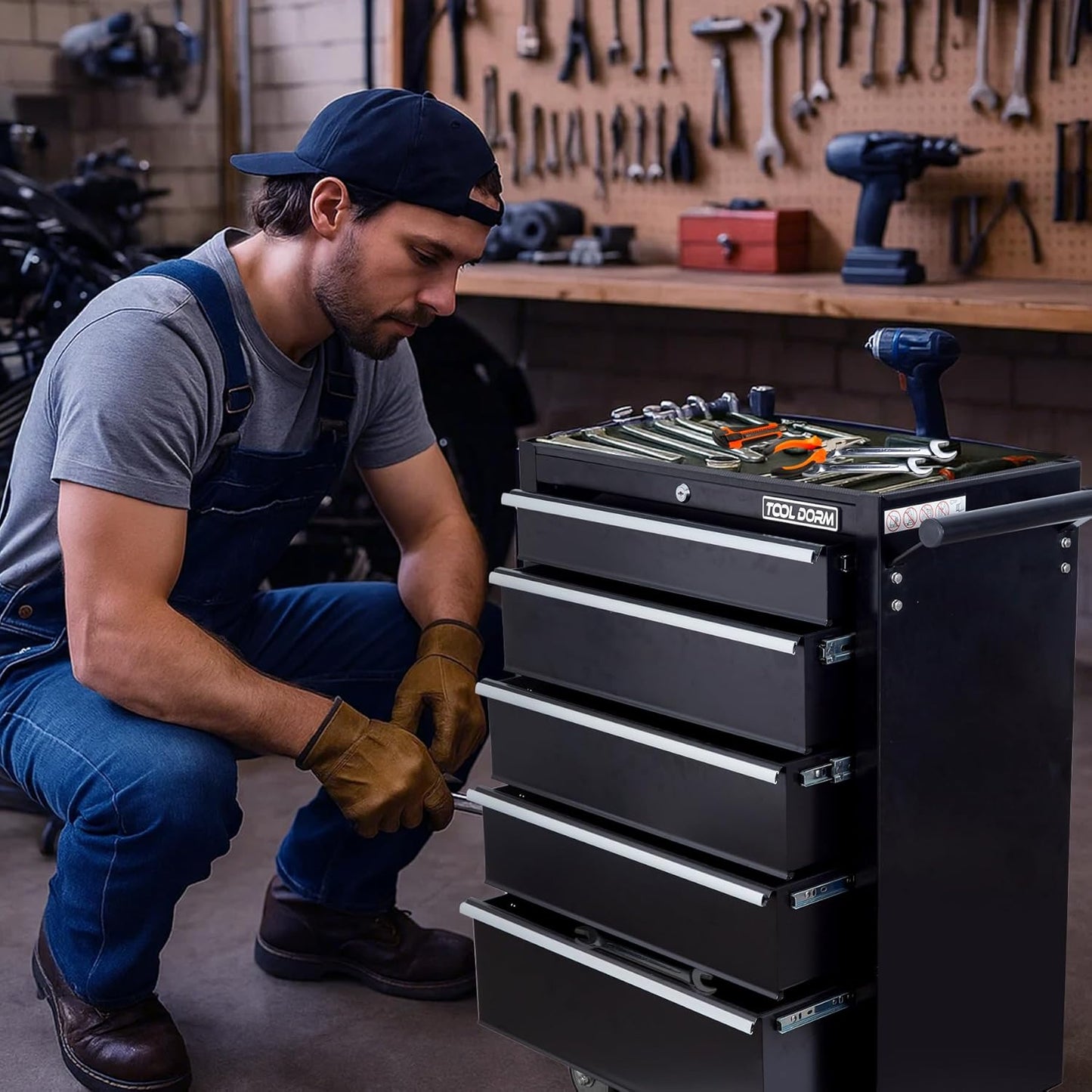 5-Drawer Rolling Tool Chest with Locking Wheels & Drawers, 13" D x 24.2" W x 34.6" H Mobile Tool Storage Cabinet, Heavy-Duty Garage Organizer w/Ergonomic Handle