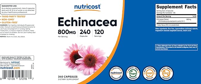 Nutricost Echinacea 800mg, 240 Capsules - Vegetarian Caps, Non GMO, Gluten Free, 120 Servings