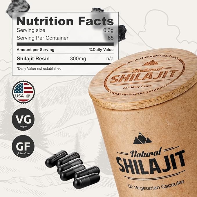 NATURAL SHILAJIT Capsules (1-2 Months Supply) - 60 Count - Shilajit for Men & Women with Fulvic Acid & Trace Minerals, Plant Based Nutrients for Energy, Immune Support & Vitality