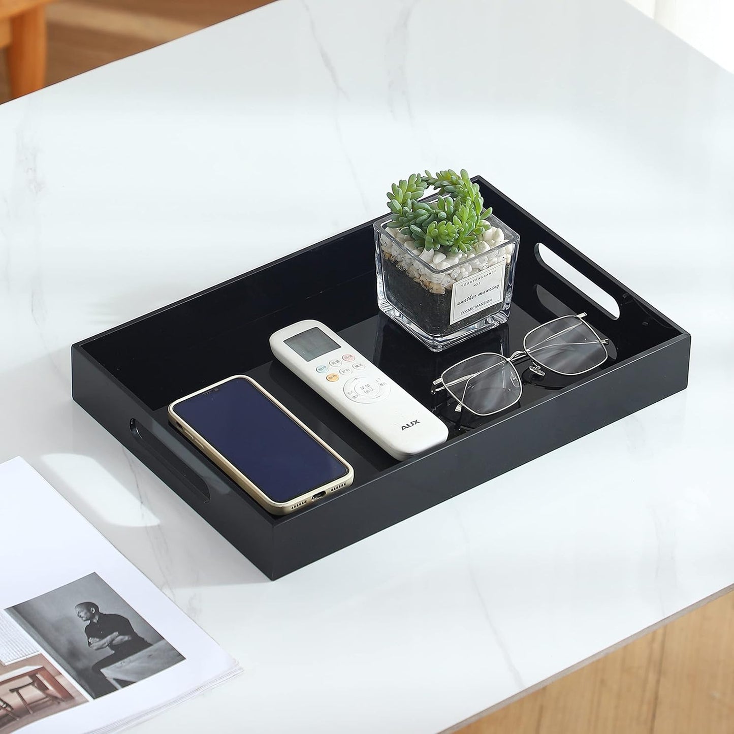 Black Oversize Acrylic Serving Tray with Handles 10x15 Inch -Spill Proof- Decorative Trays Countertop Organizer for Ottoman,Nightstand, Sidetable, Butler (10X15 Inch, Black)