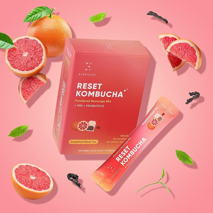 EVERYDAZE Reset Kombucha Tea Powdered Beverage Mix | 30 Pack (3 x 10ct) | Prebiotics + Probiotics | Vegan | No Added Sugar, Low Calorie, Gluten-Free, Sparkling Powder Drink (Grapefruit Black Tea)
