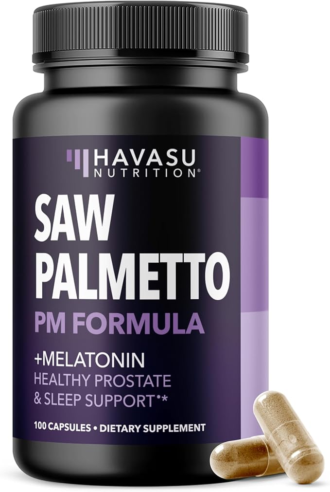 Saw Palmetto PM for Men with Melatonin 3mg - Night Time Prostate Health Supplement for Bladder and Sleep Support - Reduce Urinary Frequency - 100 Count - Vegan, Non-GMO Capsules - Over 3 Month Supply