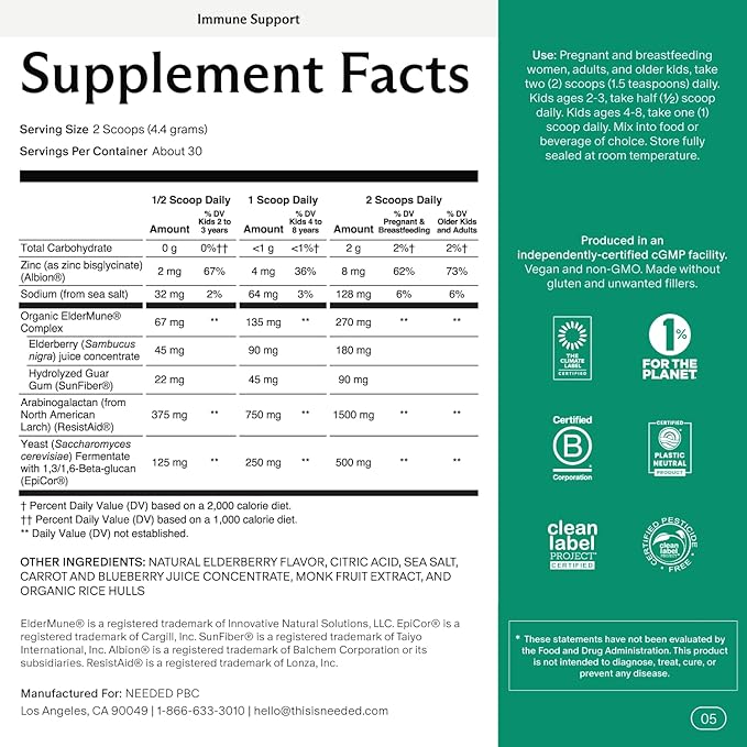 Needed. Immune Support Immunity Powder - for The Whole Family - Pregnancy Safe Immunity Supplement - Zinc with Elderberry - Easy-to-Take