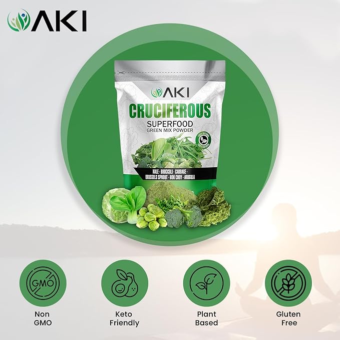 AKI Cruciferous Superfood Green Mix Powder - Made from Kale, Broccoli, Brussels Sprouts, Cabbage - Packed with Essential Phytonutrients & Vitamins ((16oz/454g))