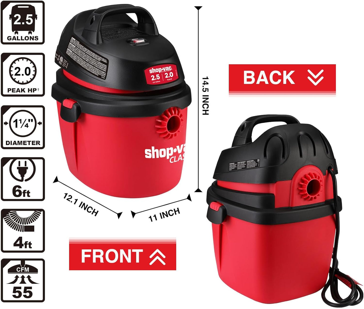 Shop-Vac 2.5 Gallon 2.0 Peak HP Wet/Dry Vacuum, Portable Compact Shop Vacuum with Top Handle, Wall Bracket & Attachments