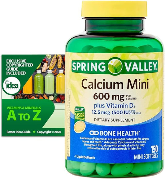 Calcium 600mg with Vitamin D3 Bone & Teeth Support, 150 Mini Softgels – Easy to Swallow, Gluten-Free, Non-GMO – Bundle with Vitamins & Minerals - A to Z - Better Idea Guide