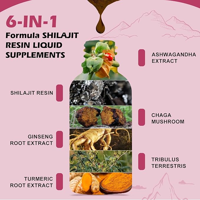 Shilajit Resin Liquid Drops | Organic Shilajit 85+ Trace Minerals Complex with Ashwagandha, Turmeric, Ginseng, Chaga Supplement for Digestion Support, Energy Booster - Vegan