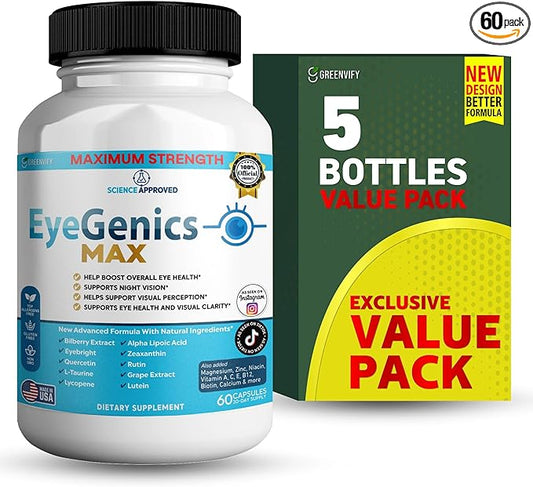 EyeGenics Max Vision Support Supplement, 60 Capsules, Maximum Strength Eye Health Formula with Lutein, Bilberry Extract, Vitamins (5)