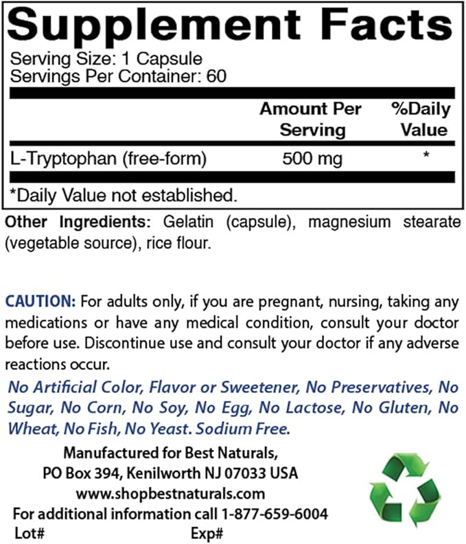 Best Naturals L-Tryptophan 500 mg 60 Capsules (60 Count (Pack of 2))