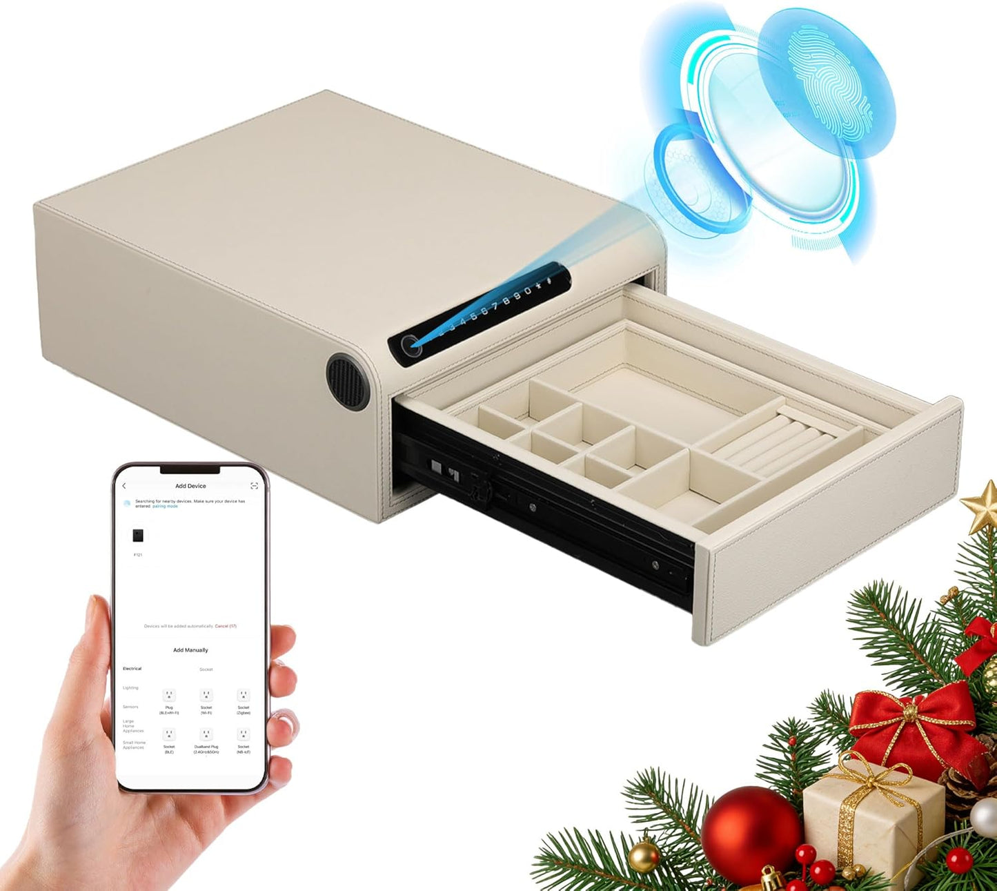 Jewelry Safe with Drawers，Biometric Fingerprint safe, Slide-Away Handgun Safe for Pistols, Leather Wrapped Jewelry Storage Safe, Digital Keypad & Quick-Access Drawer (White- 1 Drawer)