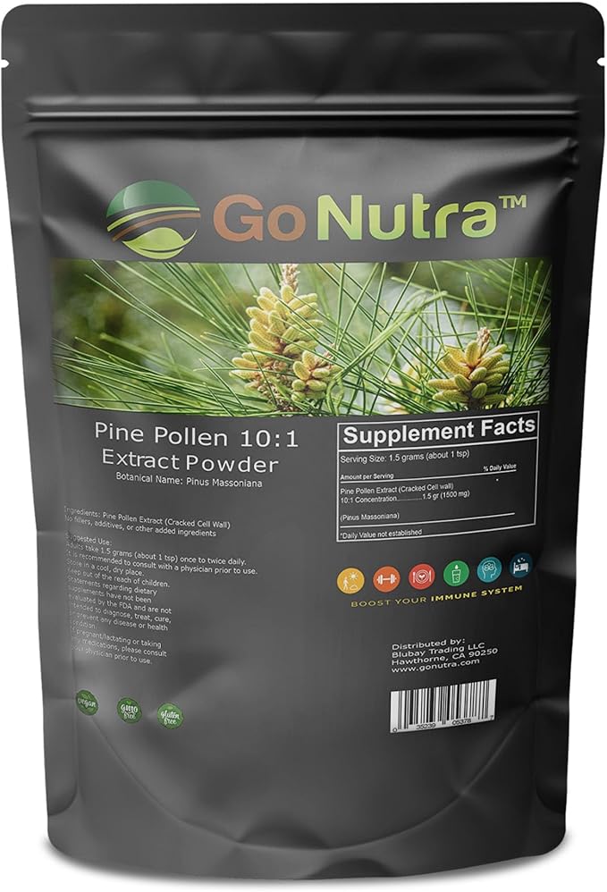 Go Nutra - Pine Pollen Powder, Potent 10:1 Pine Pollen Powder from Masson Pine Trees, Pure Powdered Pine Pollen for Tea, Coffee, Juice, Smoothies, and More, Non-GMO, Vegan, 1 lb
