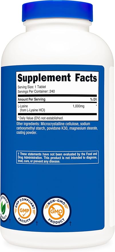 Nutricost L-Lysine 1000mg, 240 Tablets - Gluten Free, Non-GMO, and Vegetarian Friendly