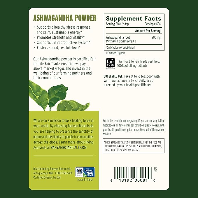 Banyan Botanicals Ashwagandha Powder – Organic Ashwagandha Root – Renowned Herbal Adaptogen for Natural Energy Support and Stress Support* – 1lb – Non-GMO Sustainably Sourced Vegan