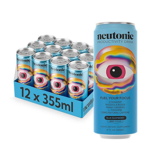 Neutonic Nootropic Productivity Energy Drink | Blue Raspberry 12 Cans | 120mg Natural Caffeine, Zero Sugar | Support Memory, Mental Clarity, Cognitive Function | Boost Focus, Energy, Brain Health