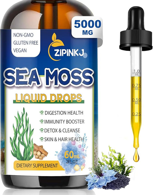 Sea Moss Drops, Irish Liquid Sea Moss Gel Supplement with Black Seed Oil, Shilajit, Elderberry, Burdock Root, Spirulina, Bladderwrack for Digestion Health, Non-GMO, 2 Fl Oz