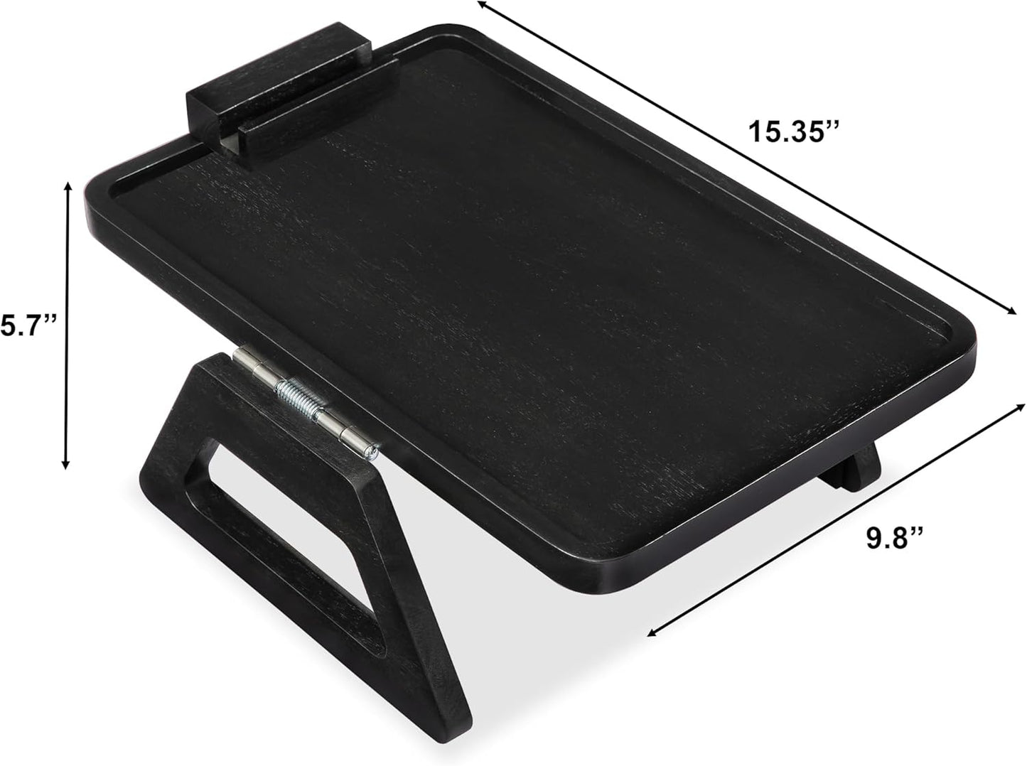 Acacia Wood Arm Table (15.35" D x 9.8" W x 5.7" H), Couch Arm Tray for TV Dinners, Remote, Foldable Armrest Organizer, Rectangular Sofa Armrest Tray - Black