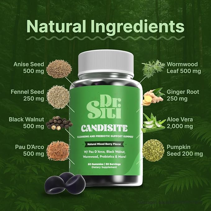 Candisite | Candida Cleanse | 10-in-1 Advanced Formula - Wormwood, Black Walnut, PAU D’Arco | Supports Digestive & Microbial Balance | Candida Support | 60 Gummies