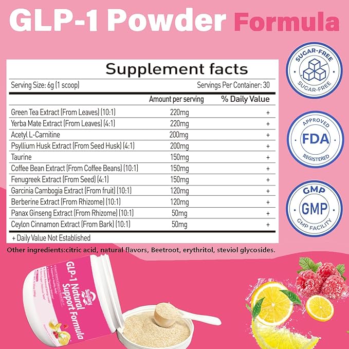 GLP-1 Booster Supplement Powder, Yerba Mate, Natural 9 Plant Extracts, Activate GLP-1 Production, Digestive Gut Healthy for Women Men, Sugar-Free (30 Servings, Raspberry Lemon)
