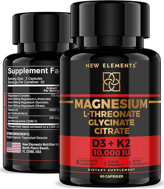 Magnesium Complex L-Threonate, Glycinate, Citrate with Vitamin D3 10,000 IU & K2 MK-7 – Brain, Bone & Immune Support – 60 Vegan Capsules – High Absorption, Non-GMO
